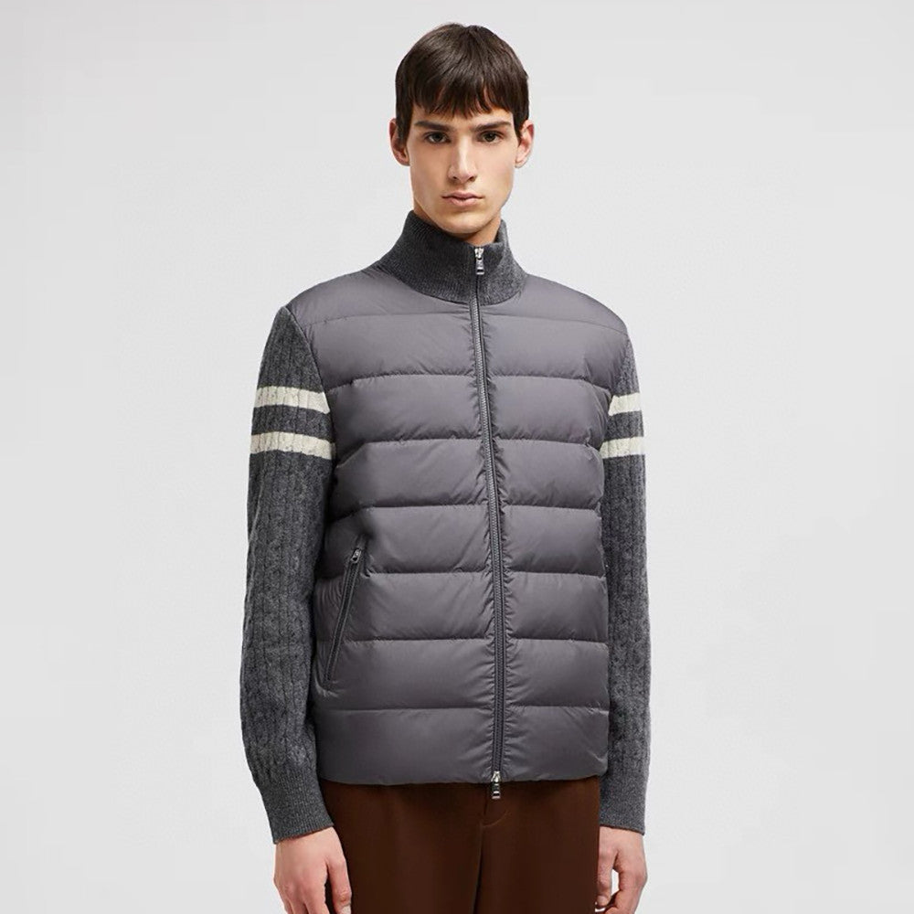 Moncler Men's Autumn And Winter Solid Colour Stand-up Collar Zip-up Striped Wool Patchwork Puffer Down Jacket #77833
