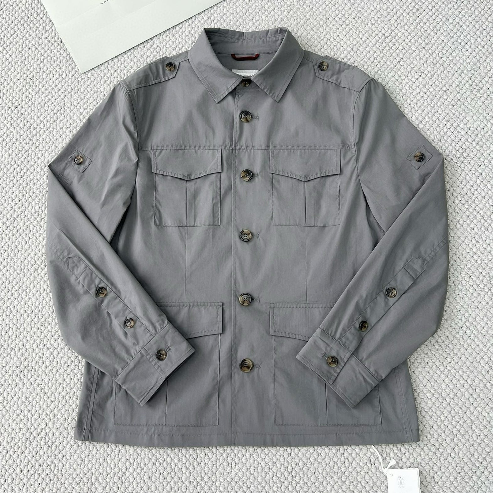 Brunello Cucinelli Men's Spring & Fall Lightweight Water-Resistant Techno Cotton Unlined Safari Jacket Solid Color Lapel Single Breasted Shirt Style Jacket Ngvp #1946