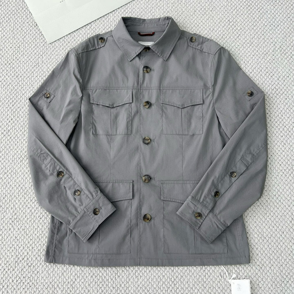 Brunello Cucinelli Men's Spring & Fall Lightweight Water-Resistant Techno Cotton Unlined Safari Jacket Solid Color Lapel Single Breasted Shirt Style Jacket Ngvp #1946