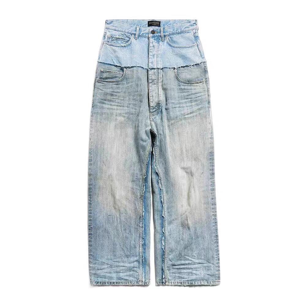 Balenciaga Men's Old Solid Color Splicing Old Jeans Casual Cut-Up Baggy Straight Pants Ngvp #1146