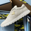 Prada Men's And Women's Spring/Summer Fashion Casual Round Toe Lace Up Enamel Triangle Metal Logo Leather Low Top Casual Sneakers  Shoes #78337