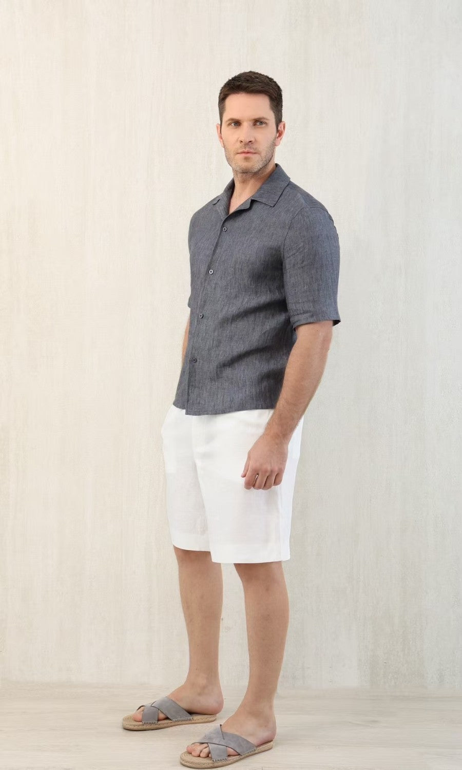 Brunello Cucinelli Men's Linen Loose Summer Single-Breasted Solid Color Lapel Short Sleeve Shirt Ngvp #1454