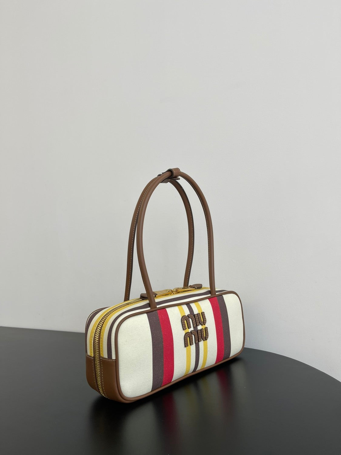 MiuMiu Beau Women's Embroidered Logo Print Striped Canvas And Calfskin Handbag Shoulder Bag Bags #77932