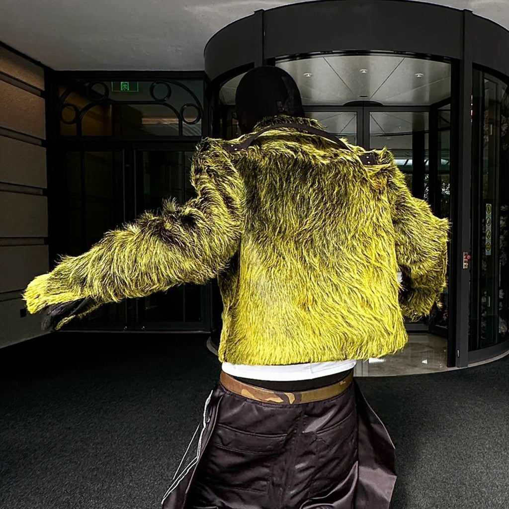 Rick Owens Men's spring and fall trend of high street retro yellow-green plush cowhide jacket lapel single-breasted casual jacket Ngvp #8247