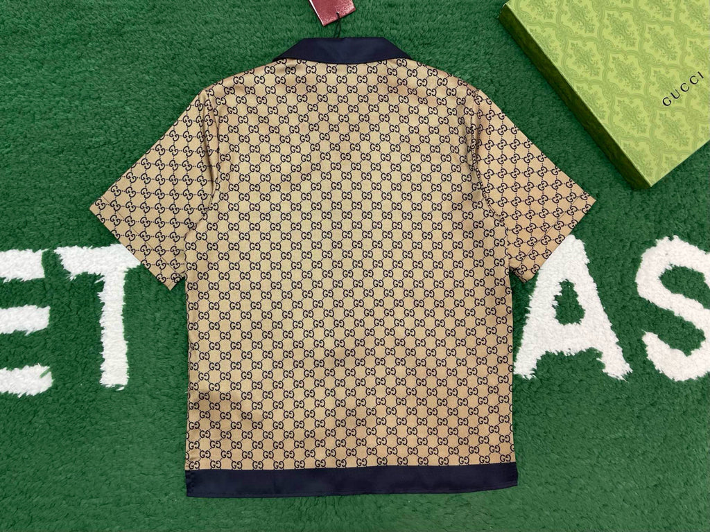 Gucci Men's Summer Logo Full Print Single Breasted Short Sleeve Shirt Stretch Waist Casual Shorts Set Suit #75828