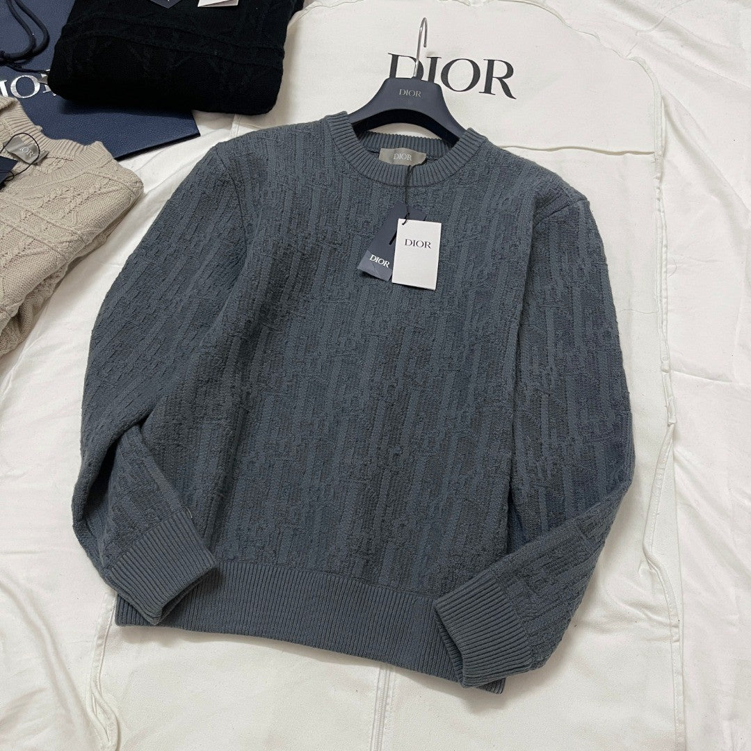 Dior Men's Spring and Autumn Solid Color Printed Ribbed Crew Neck Knit Sweater #75184