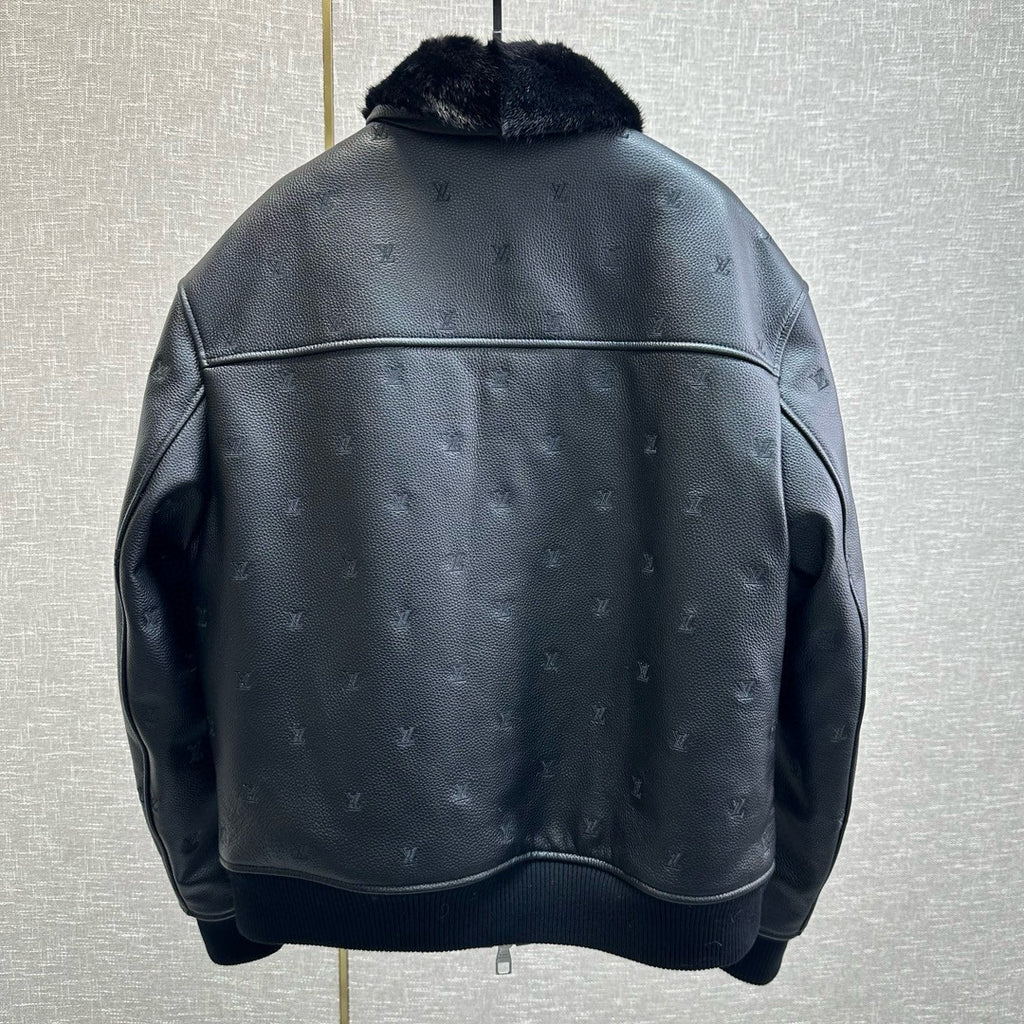 Louis Vuitton Men's Autumn/Winter Logo Embroidery Hair Collar Zip Cowhide Pilot Jacket #99476
