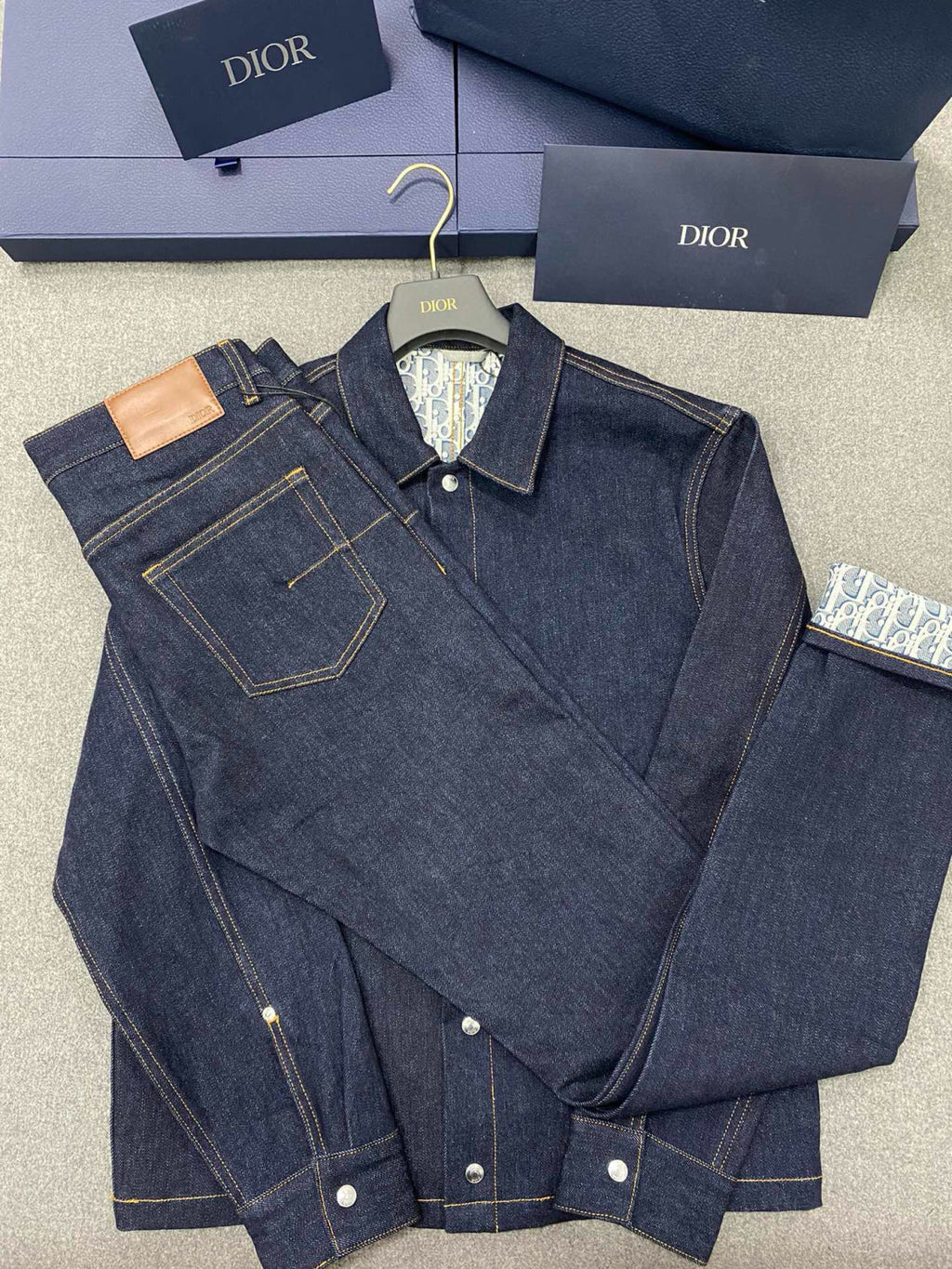 Dior Men's Spring and Autumn Printed Blend Long Sleeve Denim Shirt Jacket Slim Cropped Mid-Rise Jeans Pants Suit Set #97916