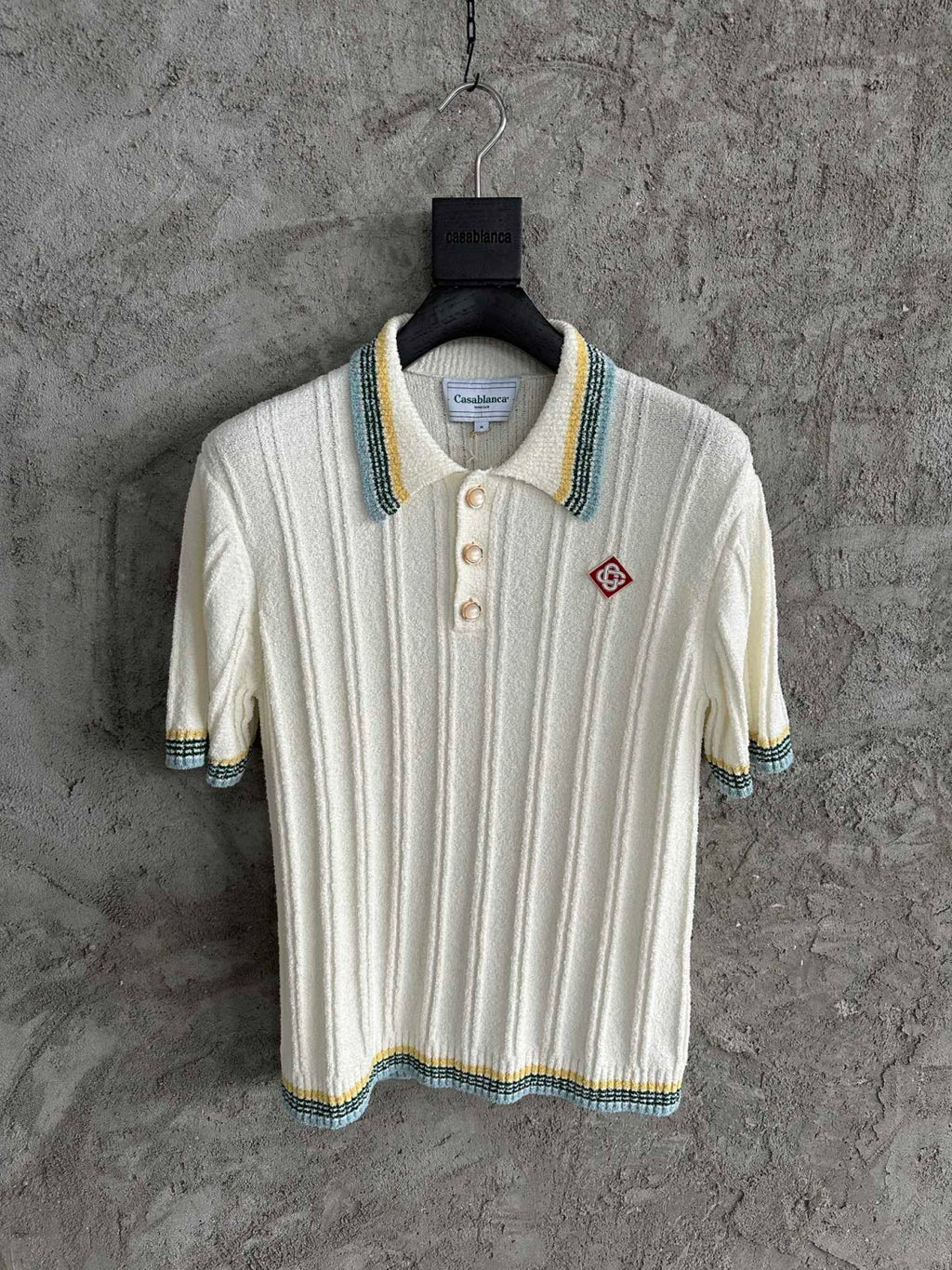 Casablanca Men's Summer White Striped Trim Comfortable Ribbed Knit Short Sleeve Polo T-Shirt #73227