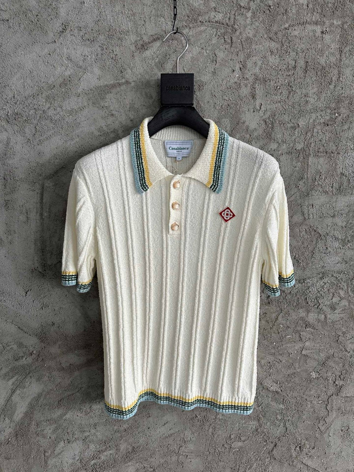 Casablanca Men's Summer White Striped Trim Comfortable Ribbed Knit Short Sleeve Polo T-Shirt #73227