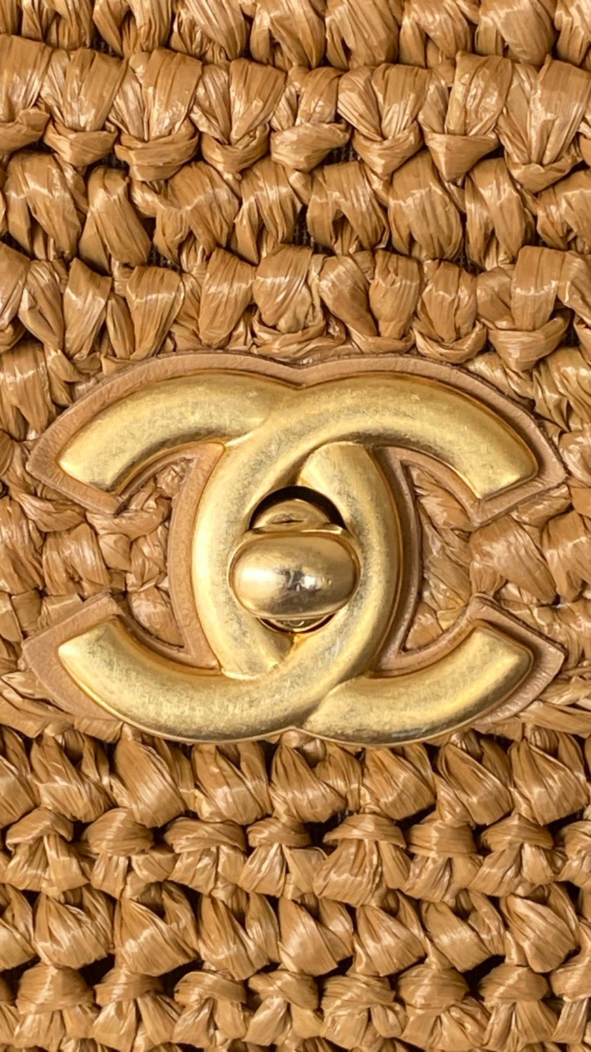 Chanel Mini Shopping Bag Braided Raffia Gold Tone Metal Dark Beige #335258