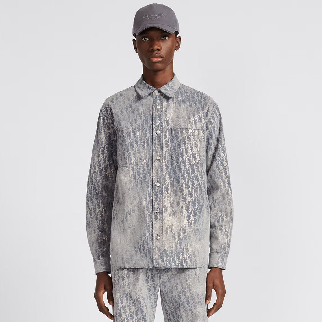 Dior Men's Autumn And Winter Grey Logo Full Print Old Single-Breasted Long-Sleeved Shirt #72813