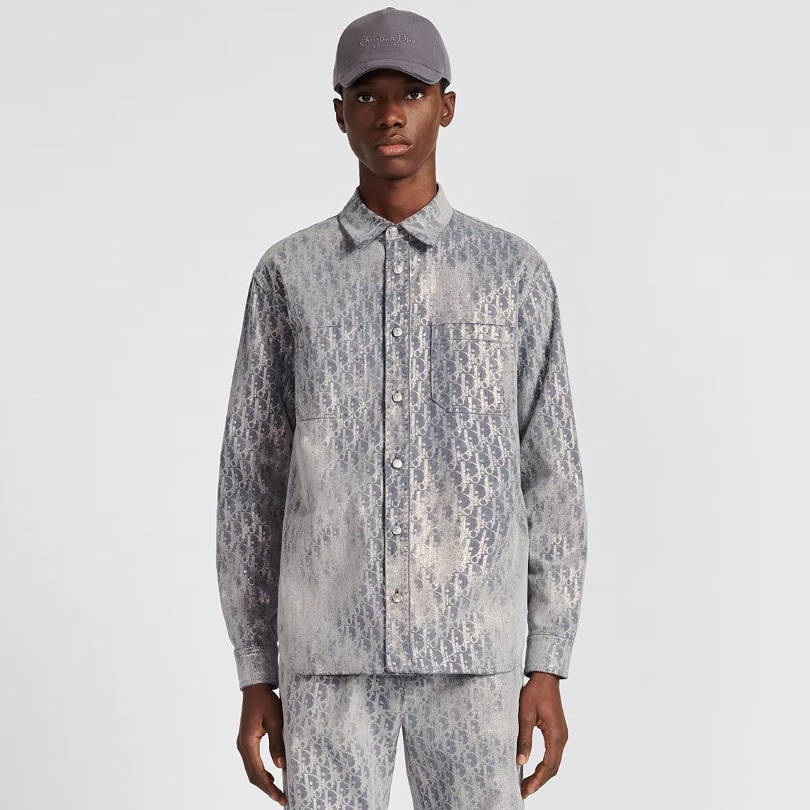 Dior Men's Autumn And Winter Grey Logo Full Print Old Single-Breasted Long-Sleeved Shirt #72813