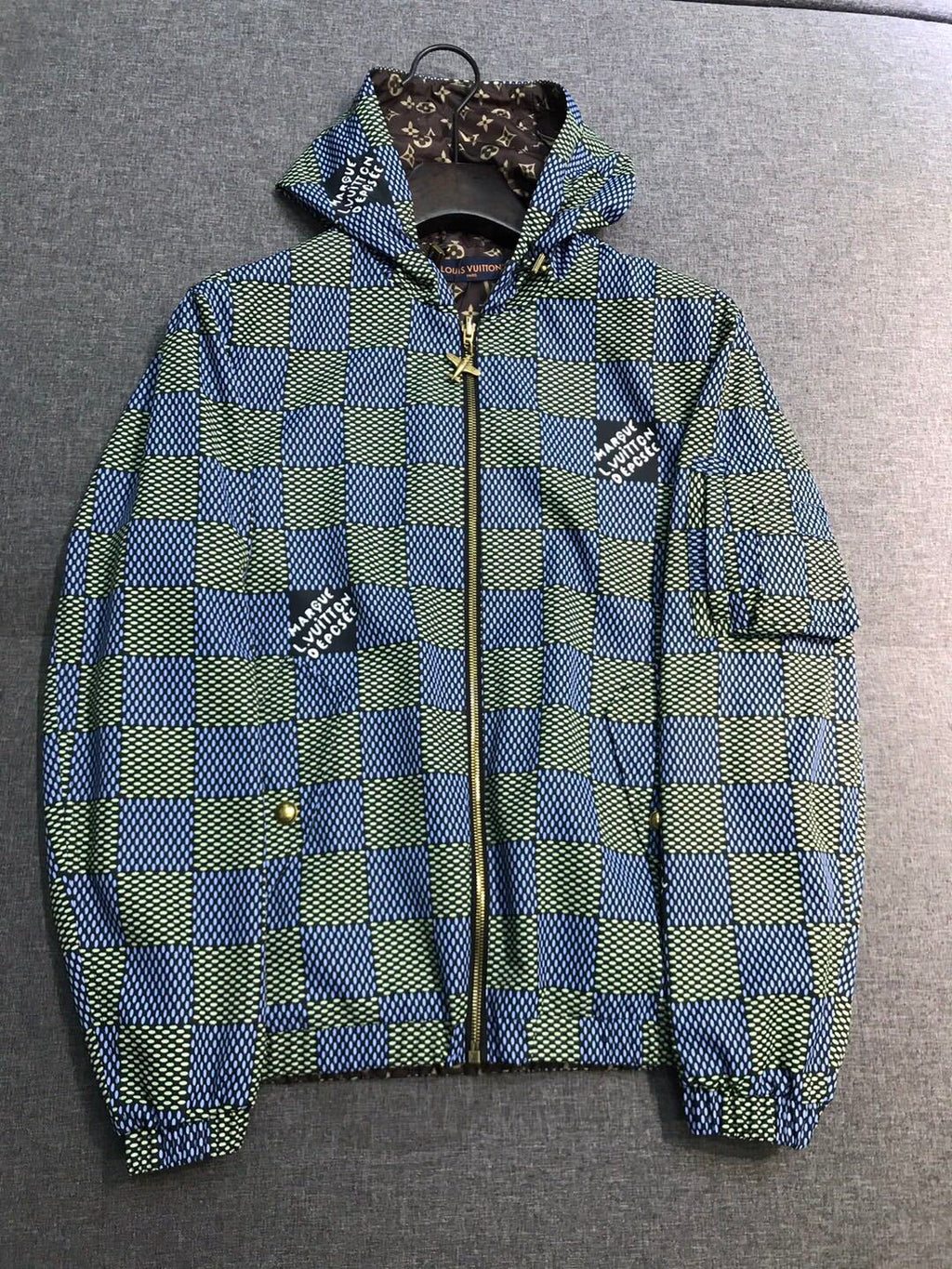 Louis Vuitton Men's Spring and Autumn Plaid Reversible Windproof Hooded Zipper Long Sleeve Jacket #75341