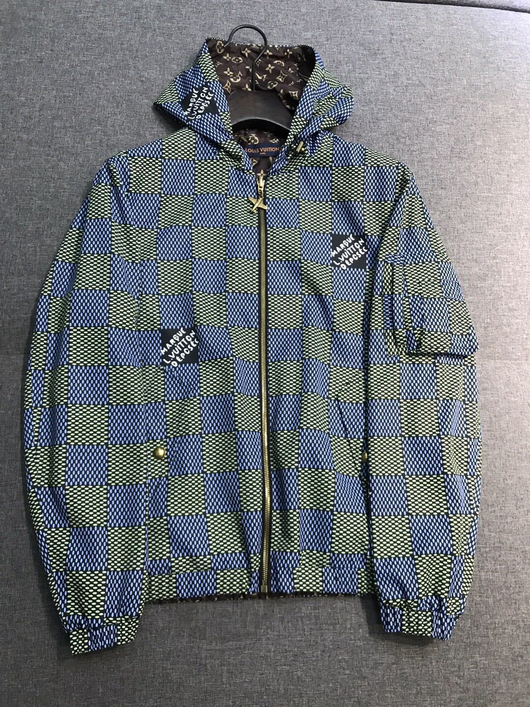 Louis Vuitton Men's Spring and Autumn Plaid Reversible Windproof Hooded Zipper Long Sleeve Jacket #75341
