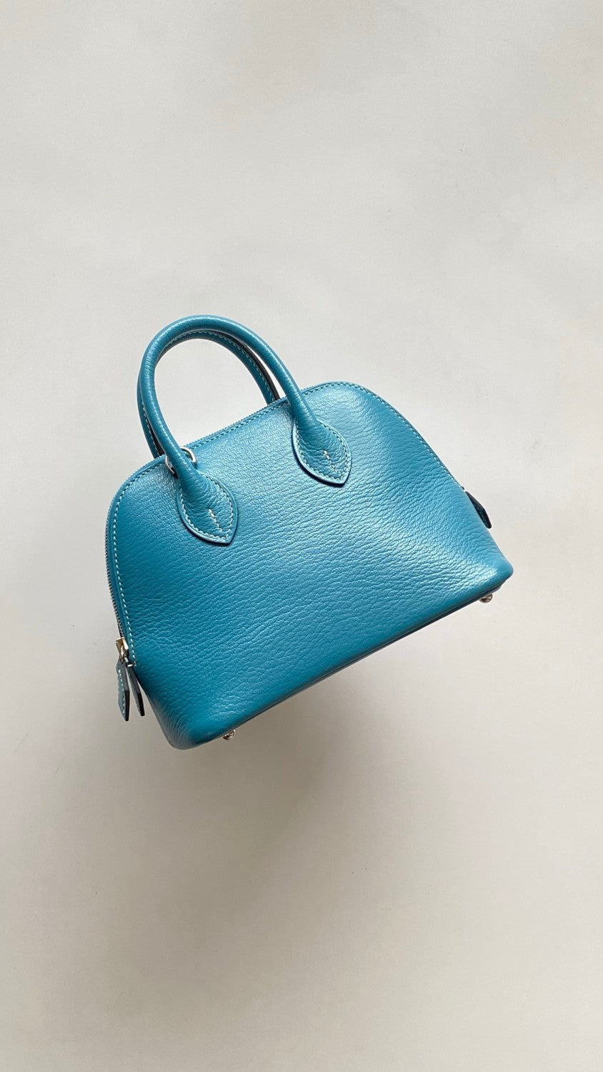 HERMES Bolide 1923 Silver Buckle Evercolor Calfskin Bowling Bag. Mini Handbag. Shoulder Bag. Crossbody Bag. Women's Style. D2 NEW BLEU JEAN #83225A