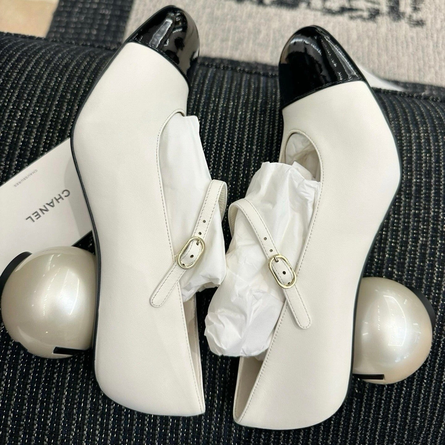 Chanel Women's Spring/fall Classic Two-tone Leather Low-top Round Toe Mary Jane Heels With Pearl Embellished Heels High Heels Shoes #79356