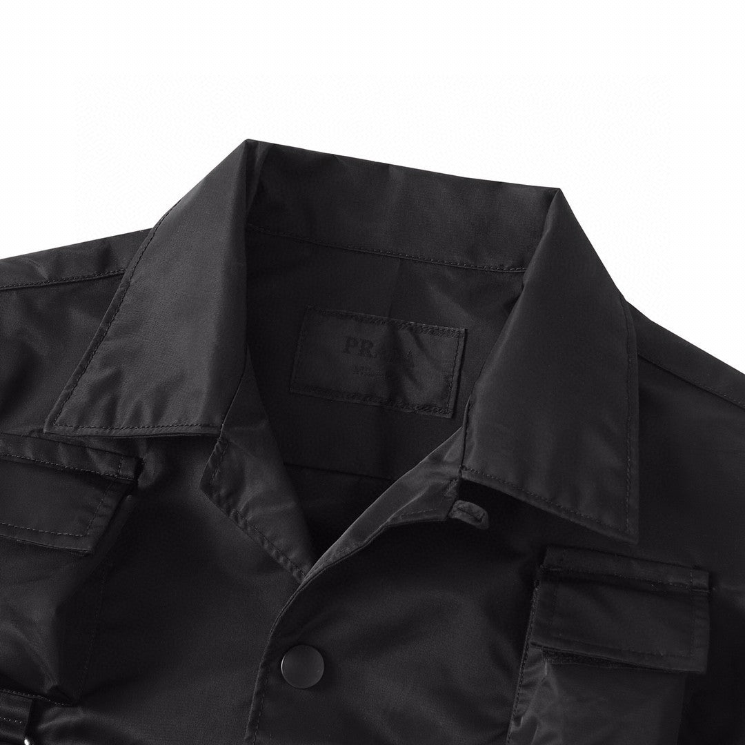 Prada Men's Black Gold Triangle Logo Multi-Pocket Single Breasted Casual Short Sleeve Shirt #98829