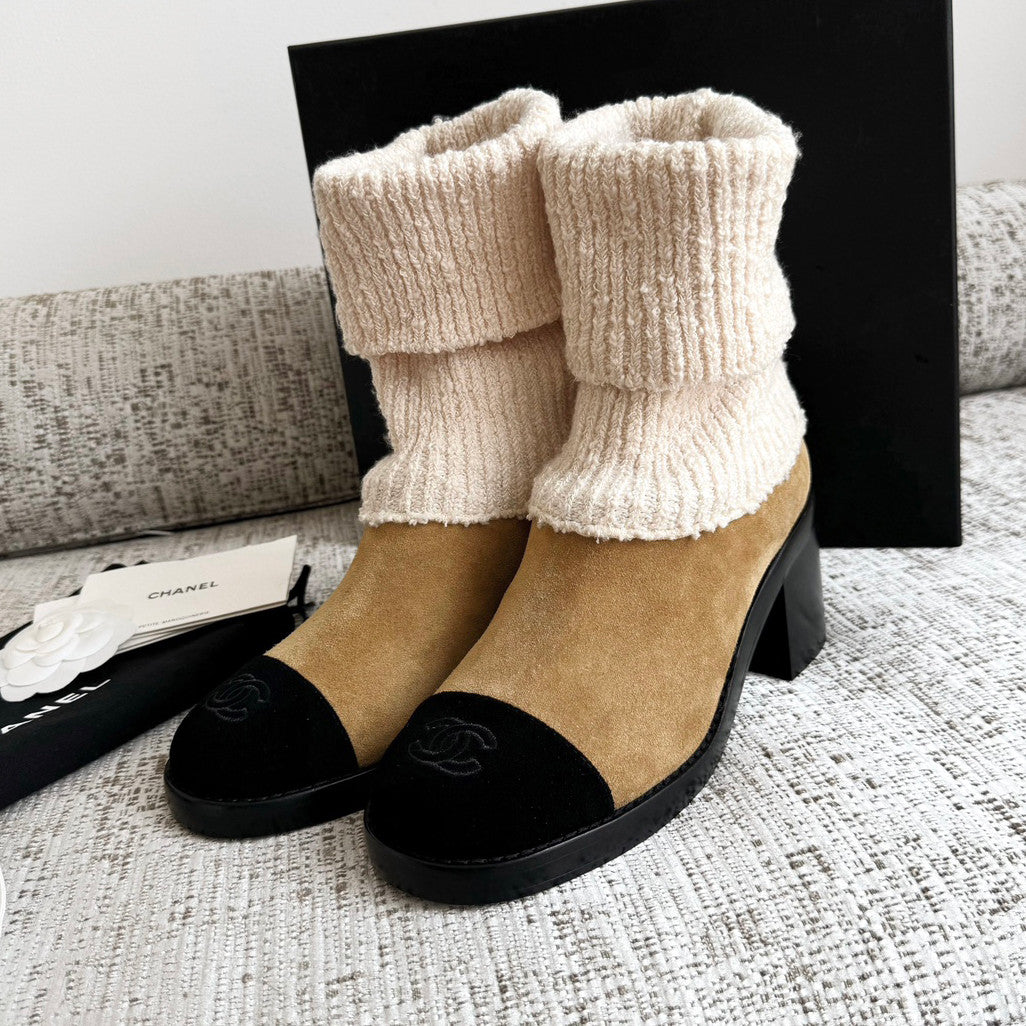 Chanel Women's Fall/winter Fashion Casual Round Toe Slip On Leather Cashmere Loop Cuff Mid Calf Boots Shoes #78536
