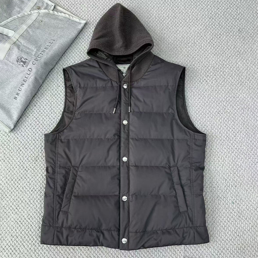 Brunello Cucinelli Men's Fall/Winter High-Street Color-Blocked Single-Breasted Solid Sleeveless Hooded Down Vest Ngvp #2321