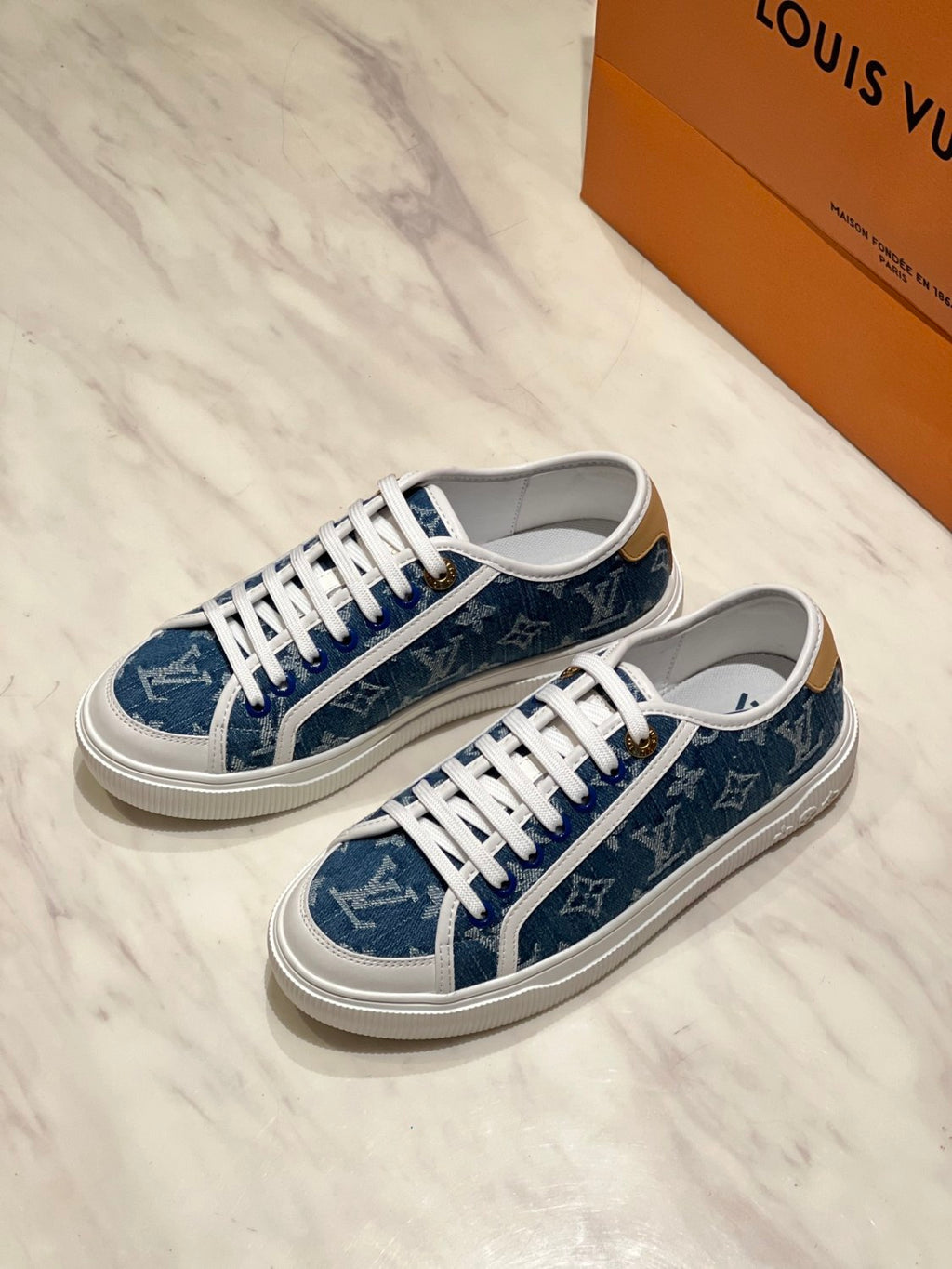Louis Vuitton LV Lagoon Men's And Women's Solid Color Letter Print Lace-up Low-top Denim Leather Sneakers Shoes #77732