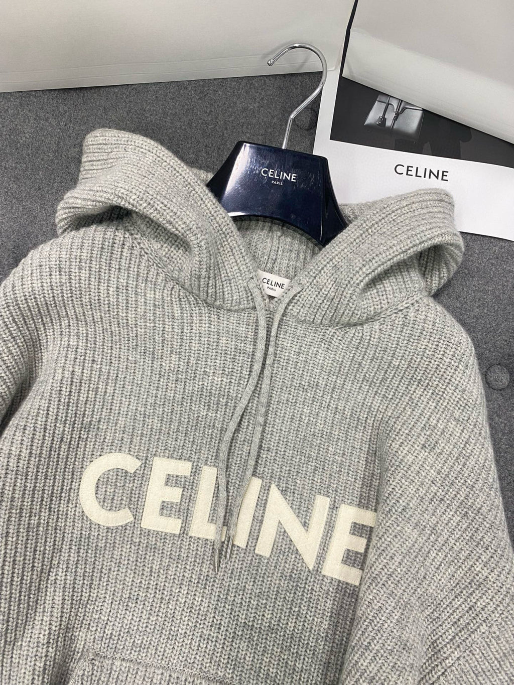 Celine Men's and Women's Autumn/Winter Grey Ribbed Wool Knit Hooded Sweatshirt Pullover #97672