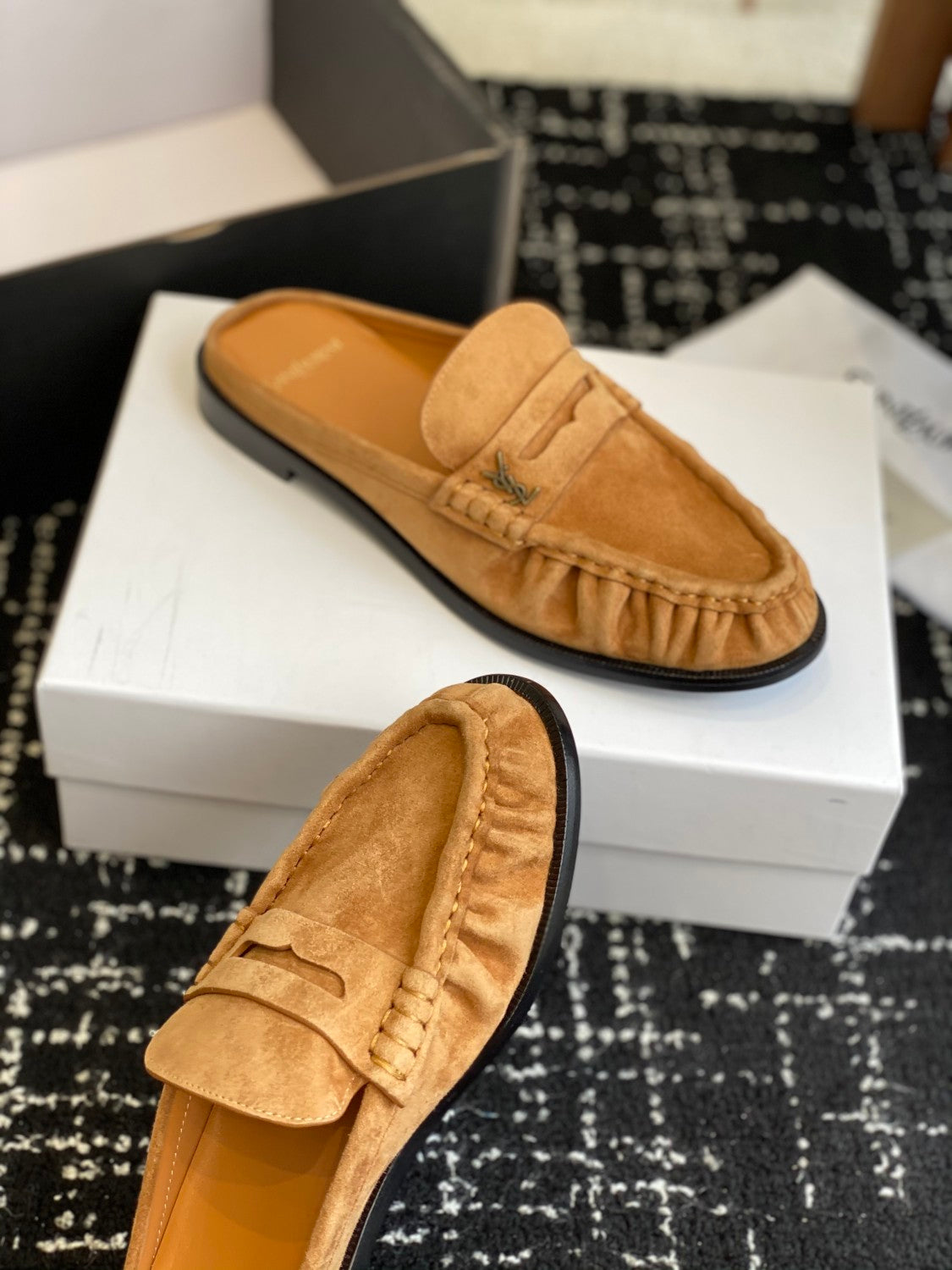 Saint Laurent LE LOAFER Women's Fashion Casual Round Toe Slip On Half Slip On Logo Leather Loafer Mule Shoes #78444