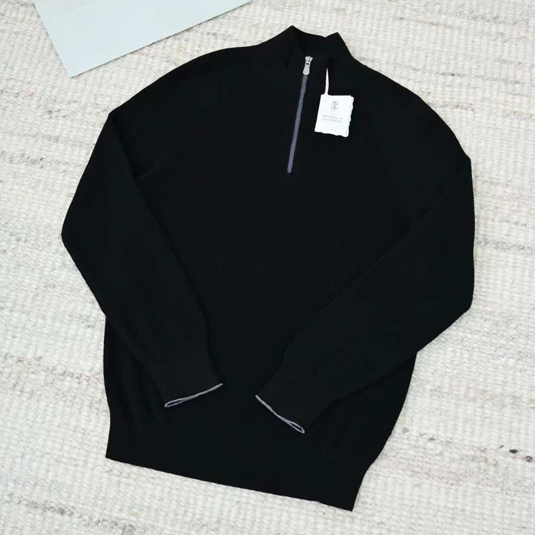 Brunello Cucinelli Men's British-Style Ribbed Cotton Knit Sweater Spring/Fall/Winter Half-Zip High-Neck Solid-Color Long-Sleeve Sweater Ngvp #2525