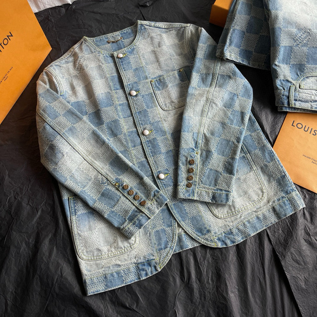Louis Vuitton Men's Spring And Fall Fashion Plaid Denim Suit Gradient Wash Vintage Round Neck Jacket Casual Flared Pants Set #99297
