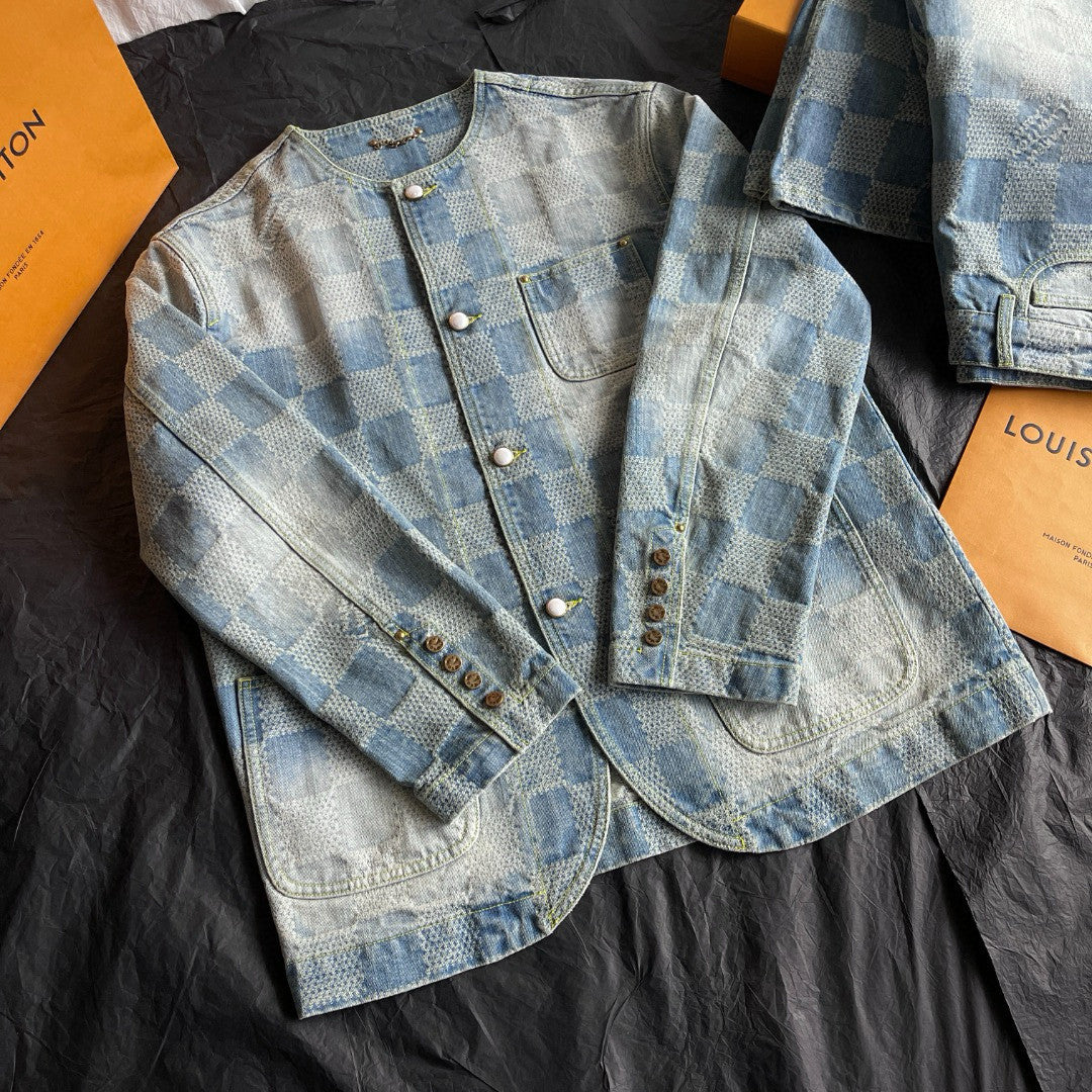 Louis Vuitton Men's Spring And Fall Fashion Plaid Denim Suit Gradient Wash Vintage Round Neck Jacket Casual Flared Pants Set #99297