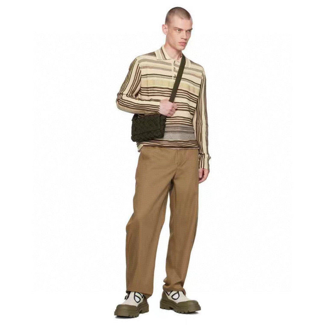 Bottega Veneta Men's Spring And Fall Striped Color Clashing Knitted Polo Shirt Long-sleeved Lapel Fashion Casual Pullover Sweater T-shirt #81429
