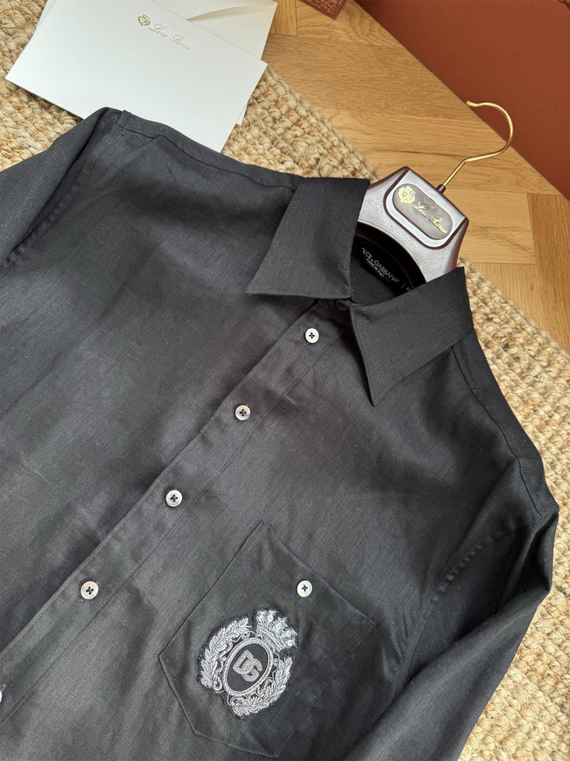 Dolce & Gabbana Men's Spring/Summer Solid Colour Embroidered Pattern Printed Single-Breasted Linen Fabric Long-Sleeved Shirt #77135
