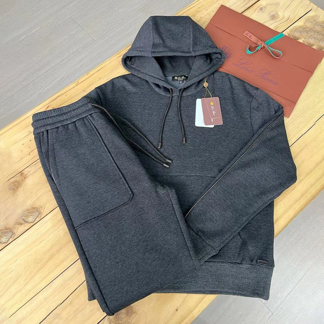 Loro Piana Men's Autumn And Winter Solid Color Hooded Long Sleeve Sweatshirt Casual Lace-Up Pants Set Ngvp #9216