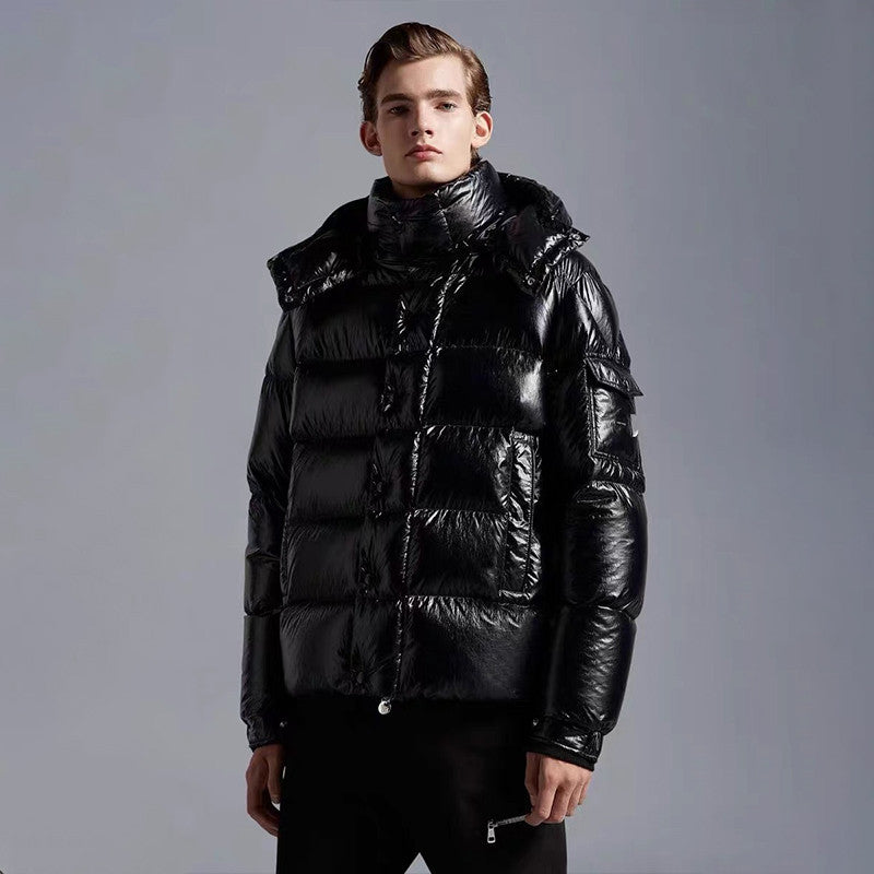 Moncler Men's Winter Warm Black Embroidered Logo Short Long Sleeve Hooded Puffer Down Jacket #71645