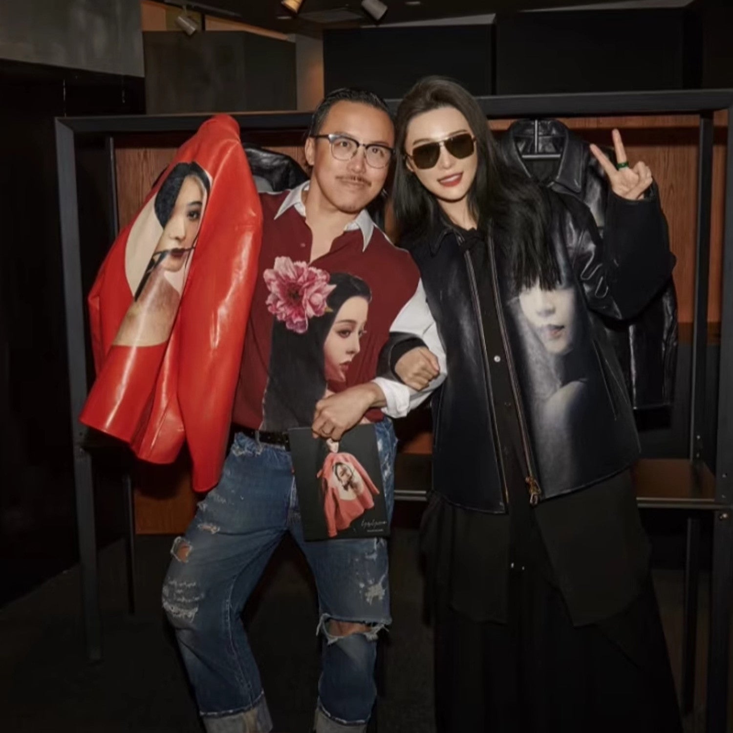 Yohji Yamamoto Pour Homme X Fan Bingbing Portrait Leather Jacket Men's Women's Autumn/winter Fashion Red Lapel Leather Zip Jacket Ngvp #9866