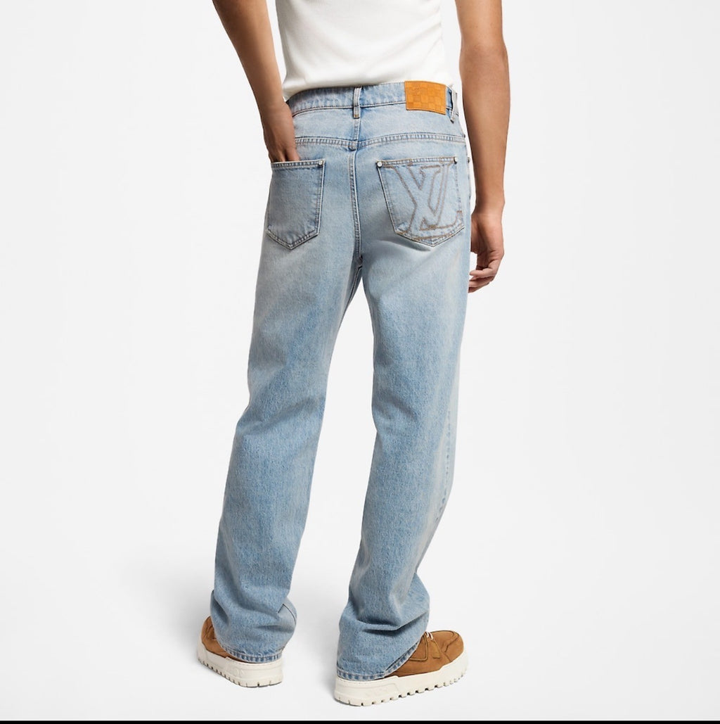 Louis Vuitton Men's Spring/Autumn Solid Color Embroidered Logo Pocket Jeans Pants #77221
