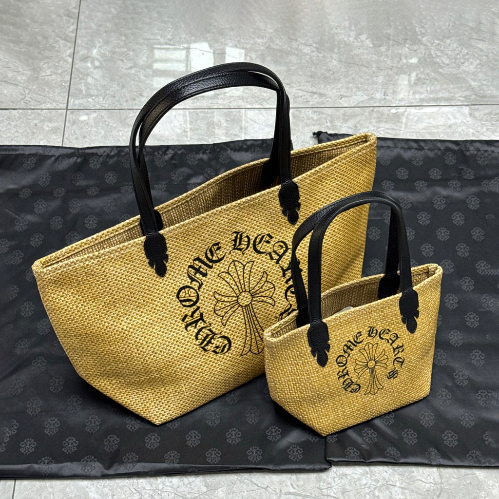 Chrome Hearts Women's Solid Color Sanskrit Print Waterproof Straw Shopping Bag Handbag Tote Bags #77936