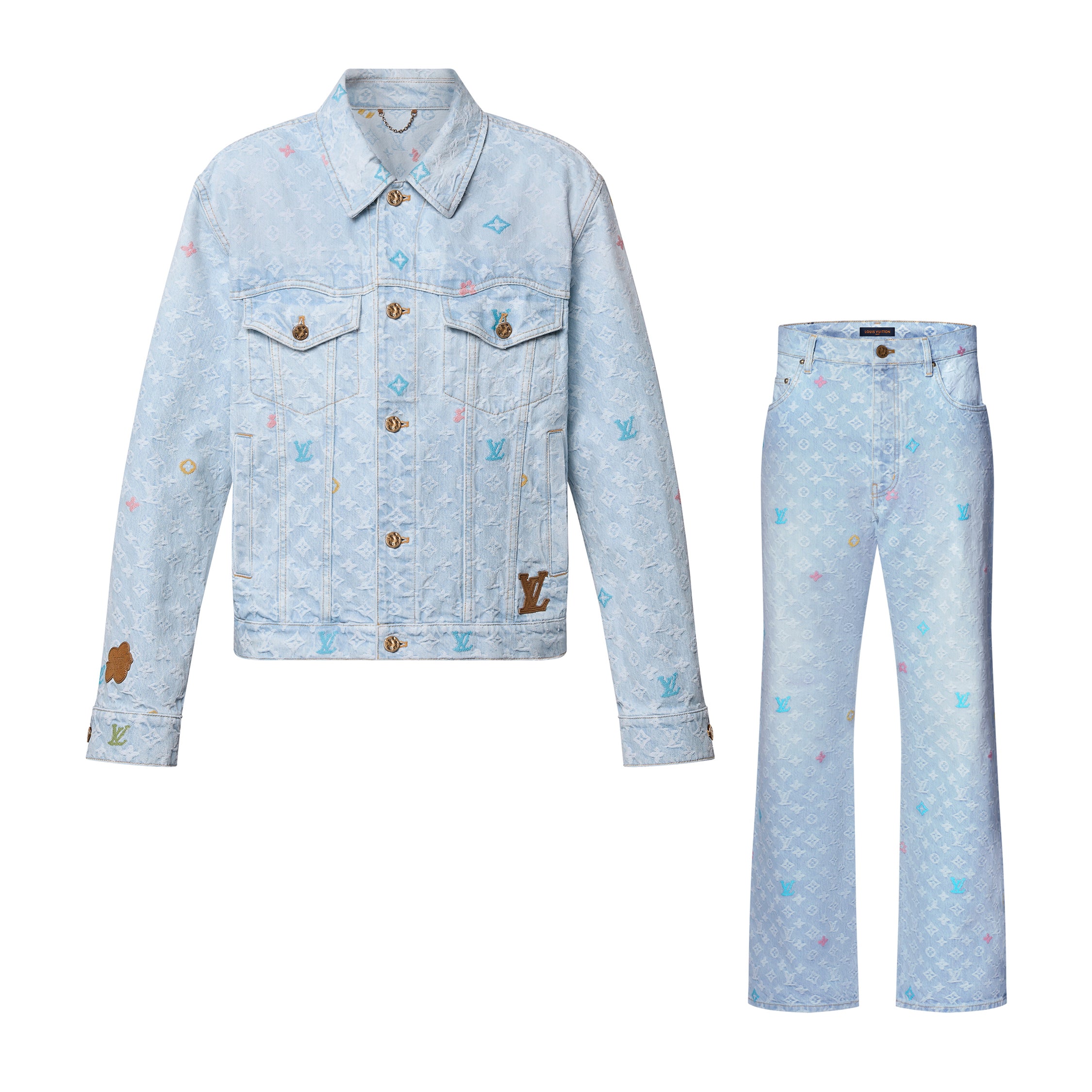 Louis Vuitton Men's Autumn And Winter Light Blue Logo Letters Embroidered Lapel Single Breasted Long Sleeved Denim Jacket Pocket Jeans Pants Set Suit #99427