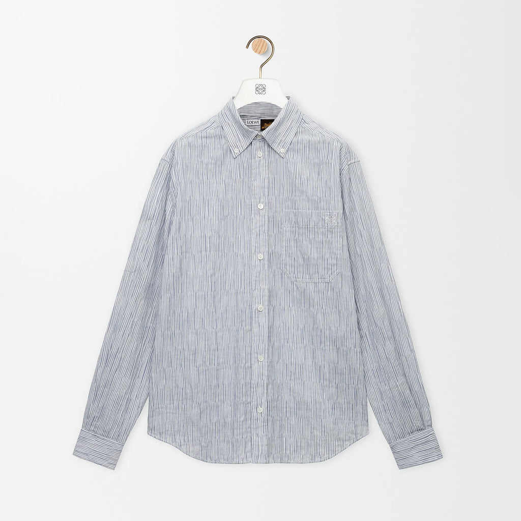 Loewe Men's Spring/Autumn Striped Wavy Texture Embroidered Solid Color Cotton Blend Solid Color Long Sleeve Shirt #81463
