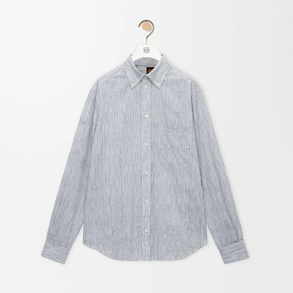 Loewe Men's Spring/Autumn Striped Wavy Texture Embroidered Solid Color Cotton Blend Solid Color Long Sleeve Shirt #81463