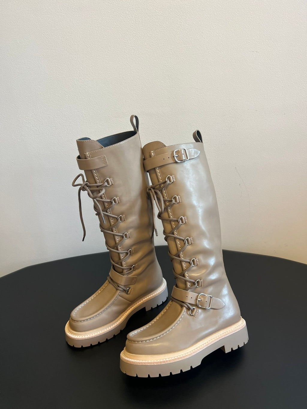 Hermes Women's Fall/Winter Landscape Boots Lace-Up Round-Toe High-Top Boots Solid-Color Cowhide Casual Shoes Heel Height: 3.5cm Ngvp #2326