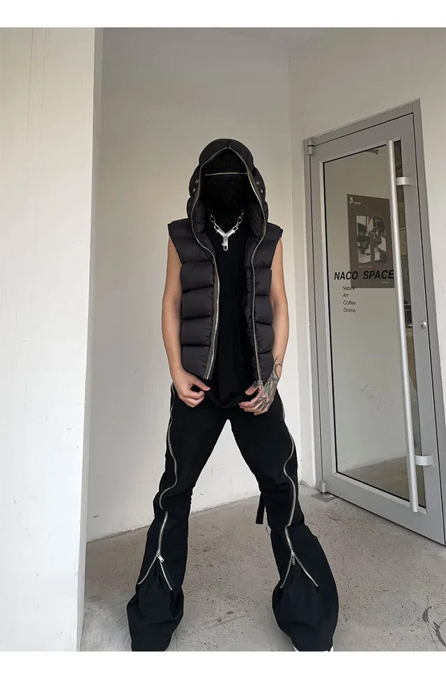 Rick Owens Men's Fall/Winter Dark Style Casual Solid-Color Full-Zip Hooded Quilted Down Vest Ngvp #2521