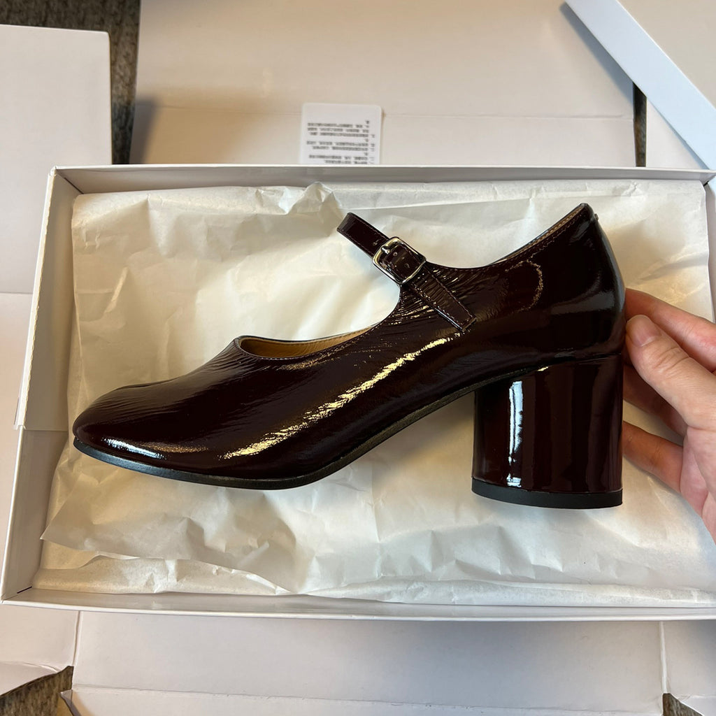 Maison Margiela Women's Spring/Fall Fashion Classic Round Toe Slip On Solid Color Leather Chunky Heel Mary Jane Split Toe Shoes #78646