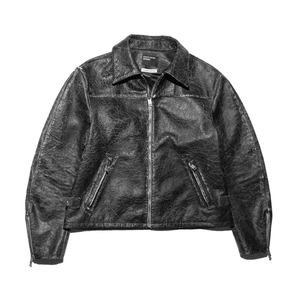 Enfants Riches Deprimes Men's Fall/Winter Lapel Pocket Zipper Black Printed Fitted Vintage Fashion Long Sleeve Leather Sleep Sound Collared RacerJacket Ngvp #7564
