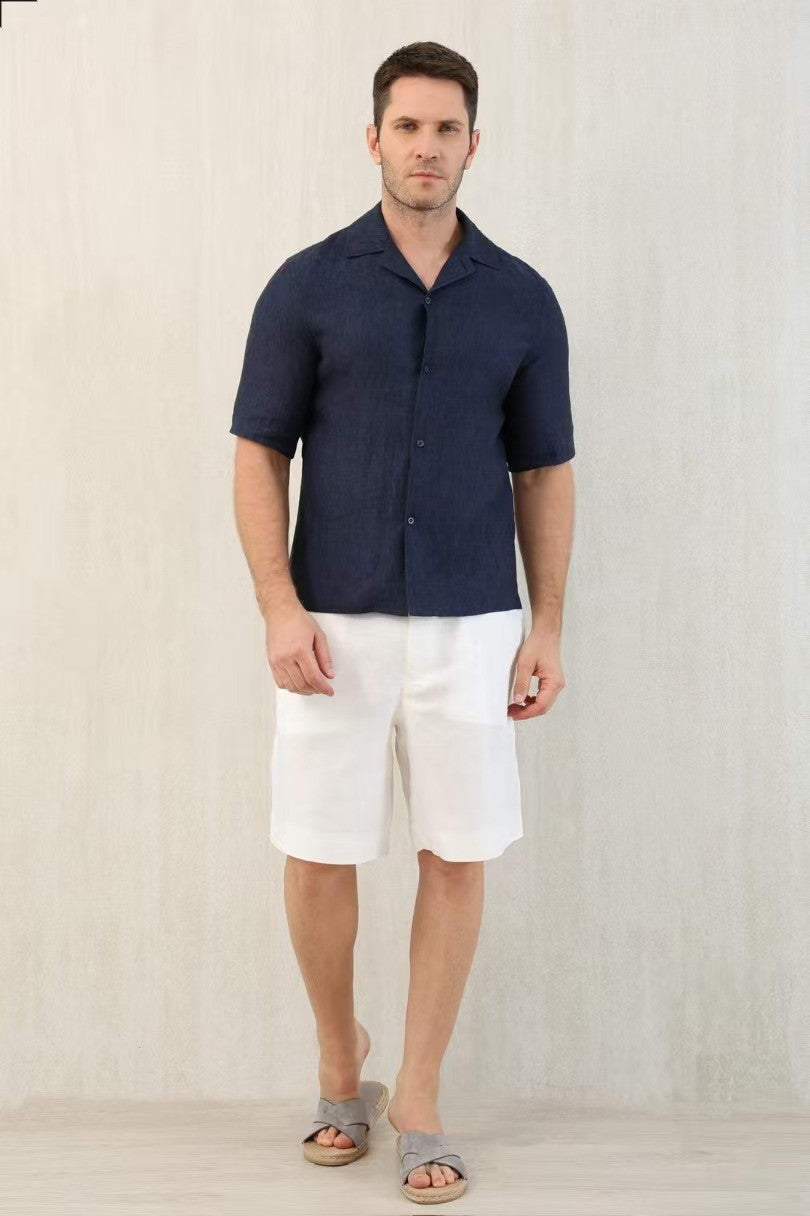 Brunello Cucinelli Men's Linen Loose Summer Single-Breasted Solid Color Lapel Short Sleeve Shirt Ngvp #1454