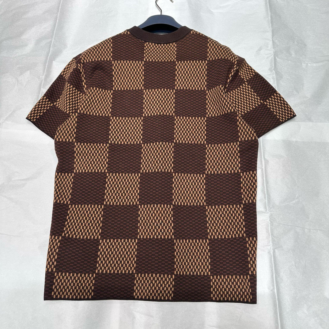 Louis Vuitton Men's Summer Brown DAMIER LV Faux Crystal Logo Checkerboard Cotton Short Sleeve Round Neck T-Shirt #98212
