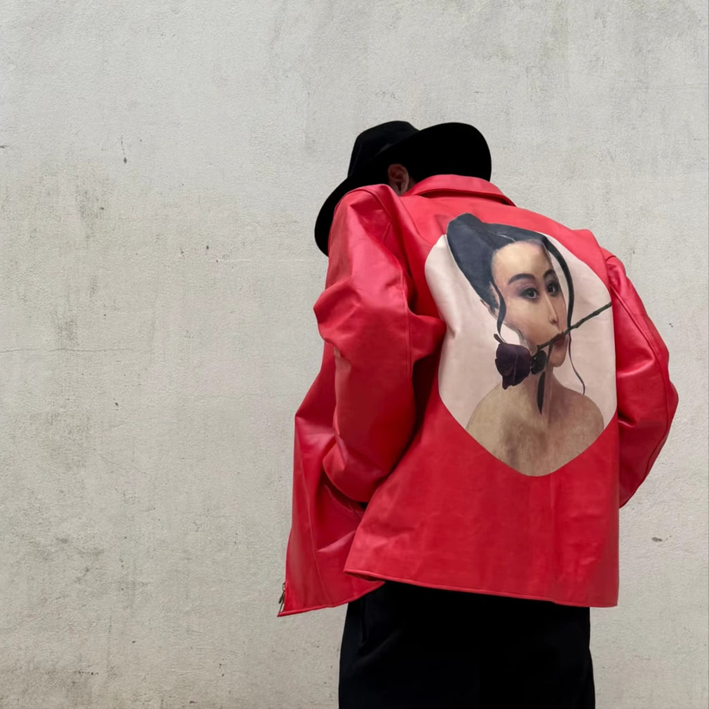Yohji Yamamoto Pour Homme X Fan Bingbing Portrait Leather Jacket Men's Women's Autumn/winter Fashion Red Lapel Leather Zip Jacket Ngvp #9866