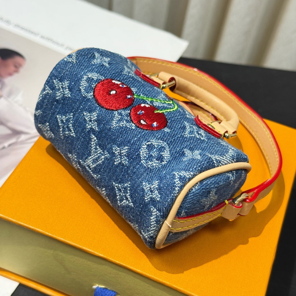 Louis Vuitton LV x TM Micro Speedy Denim Cerise Women's Blue Denim Fabric Cherry Pattern Mini Bag Bags #77583