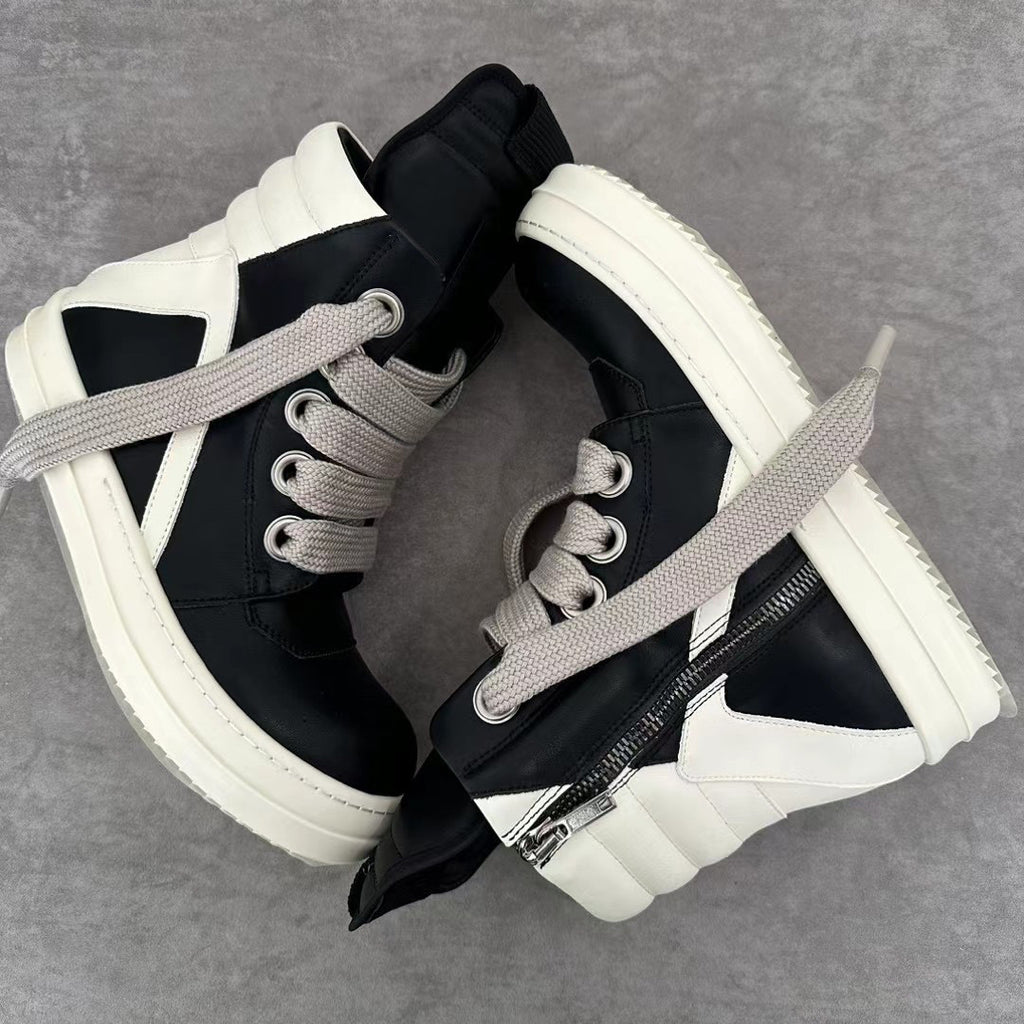 Rick Owens Men's Spring/Fall Fashion Casual Round Toe Lace Up Leather Zipper Thick Sole High Top Sneakers Shoes #78569
