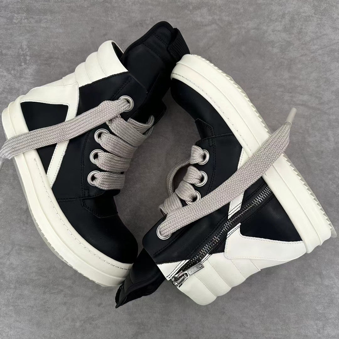 Rick Owens Men's Spring/Fall Fashion Casual Round Toe Lace Up Leather Zipper Thick Sole High Top Sneakers Shoes #78569